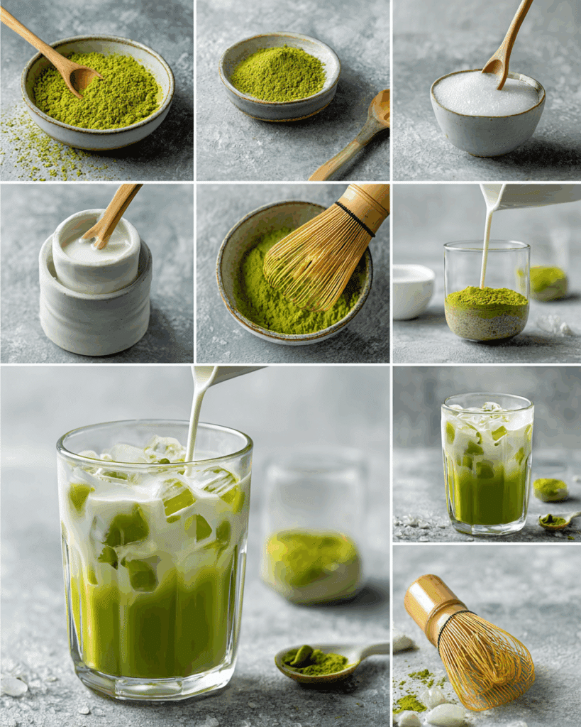 Whisking matcha for Thai Iced Coconut Matcha Latte.
