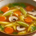 Thai Clear Soup with Baby Corn and Carrots served hot with fresh herbs.