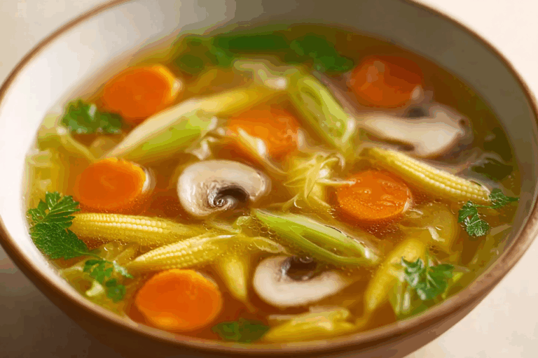 Thai Clear Soup with Baby Corn and Carrots served hot with fresh herbs.