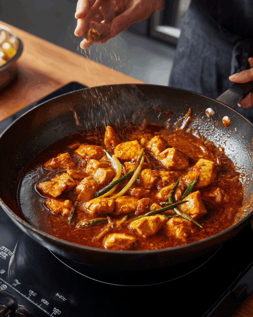 Thai Chicken with Red Sauce simmering in skillet