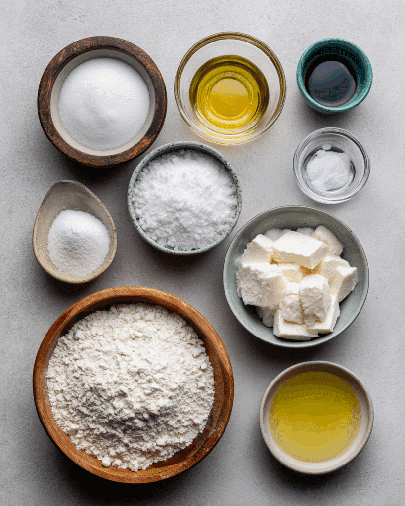 Ingredients for Thai Fried Dough Sticks recipe including flour, yeast, and oil.
