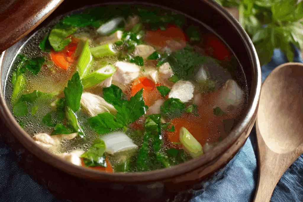 Easy Thai clear soup with chicken and tofu in a white bowl served with rice.