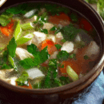 Easy Thai clear soup with chicken and tofu in a white bowl served with rice.