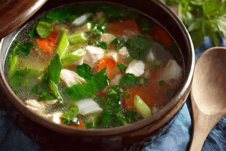Easy Thai clear soup with chicken and tofu in a white bowl served with rice.
