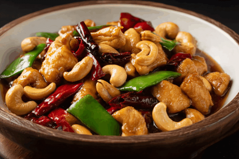 Thai chicken with cashew nuts and dried chili served with rice.