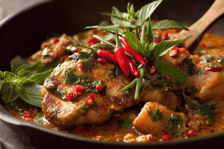 Thai Chicken with Red Sauce served over jasmine rice