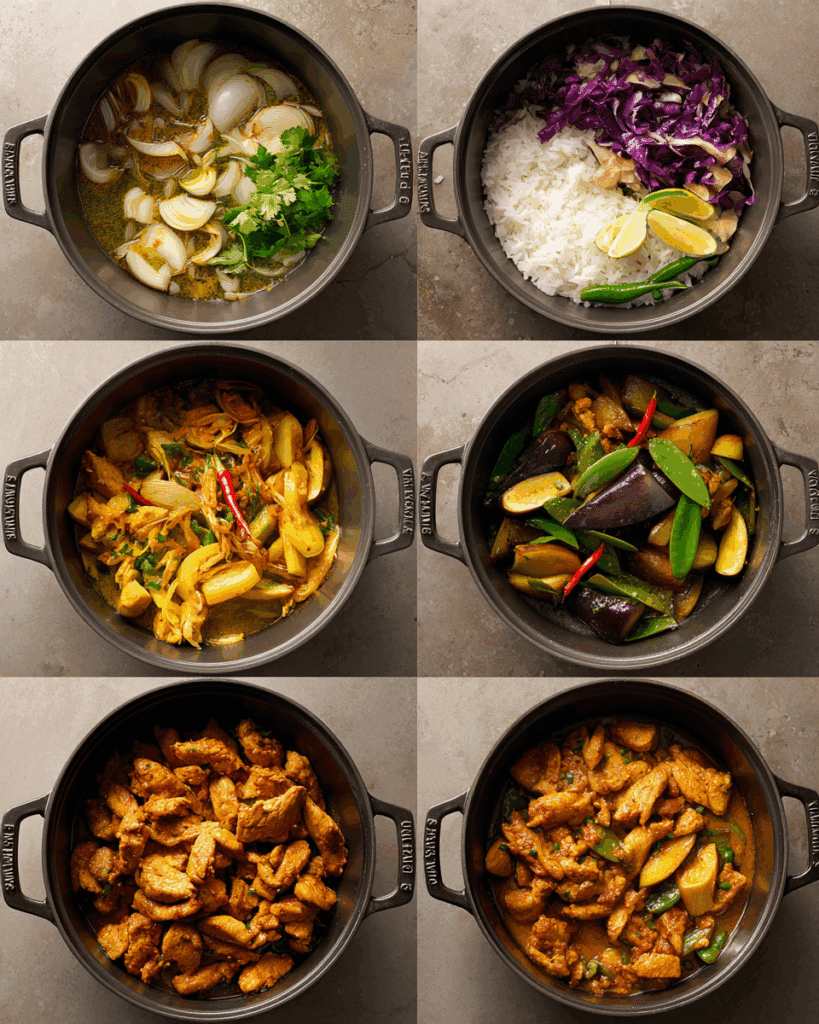 Thai Chicken and Eggplant Curry cooking in a pot.