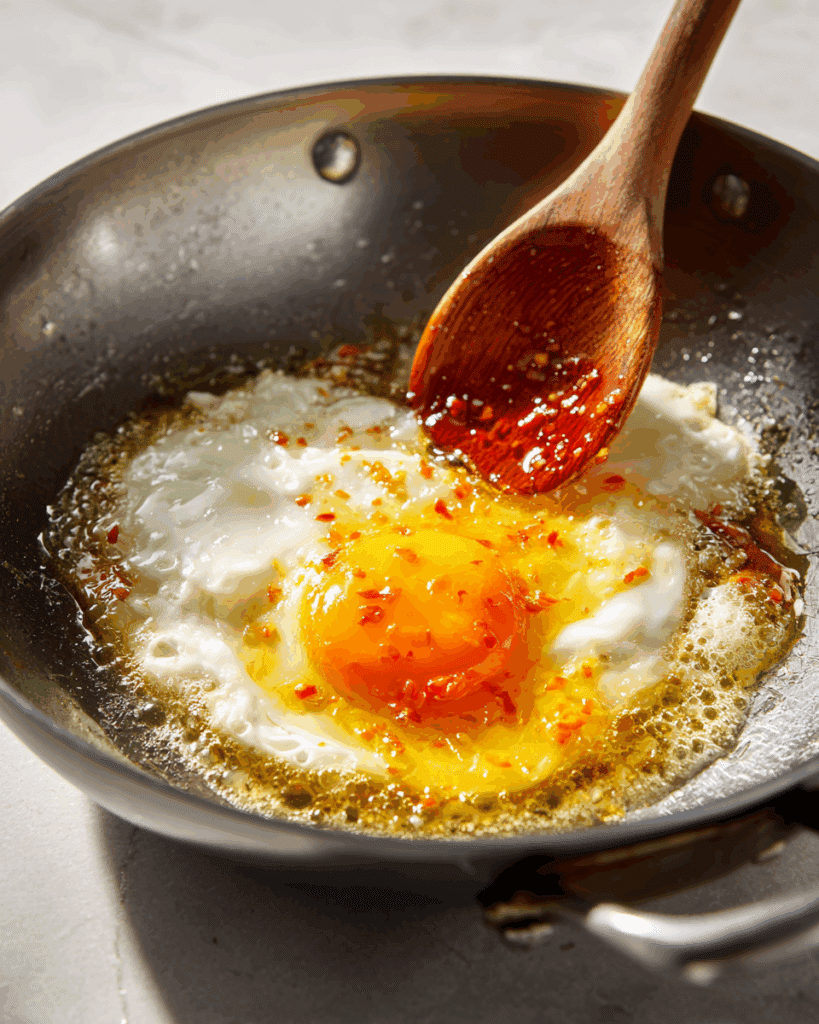 Eggs frying for crispy fried egg salad in hot oil