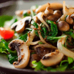 Warm mushroom salad with sesame dressing served beautifully