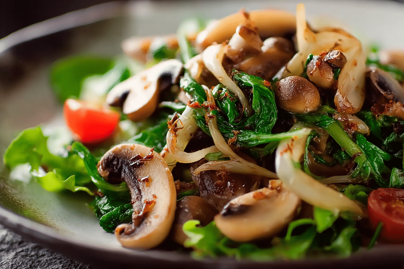 Warm mushroom salad with sesame dressing served beautifully
