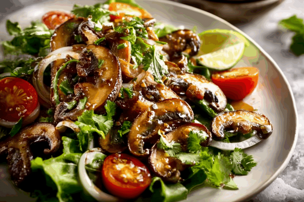 Authentic Thai Mushroom Salad served with herbs and lime