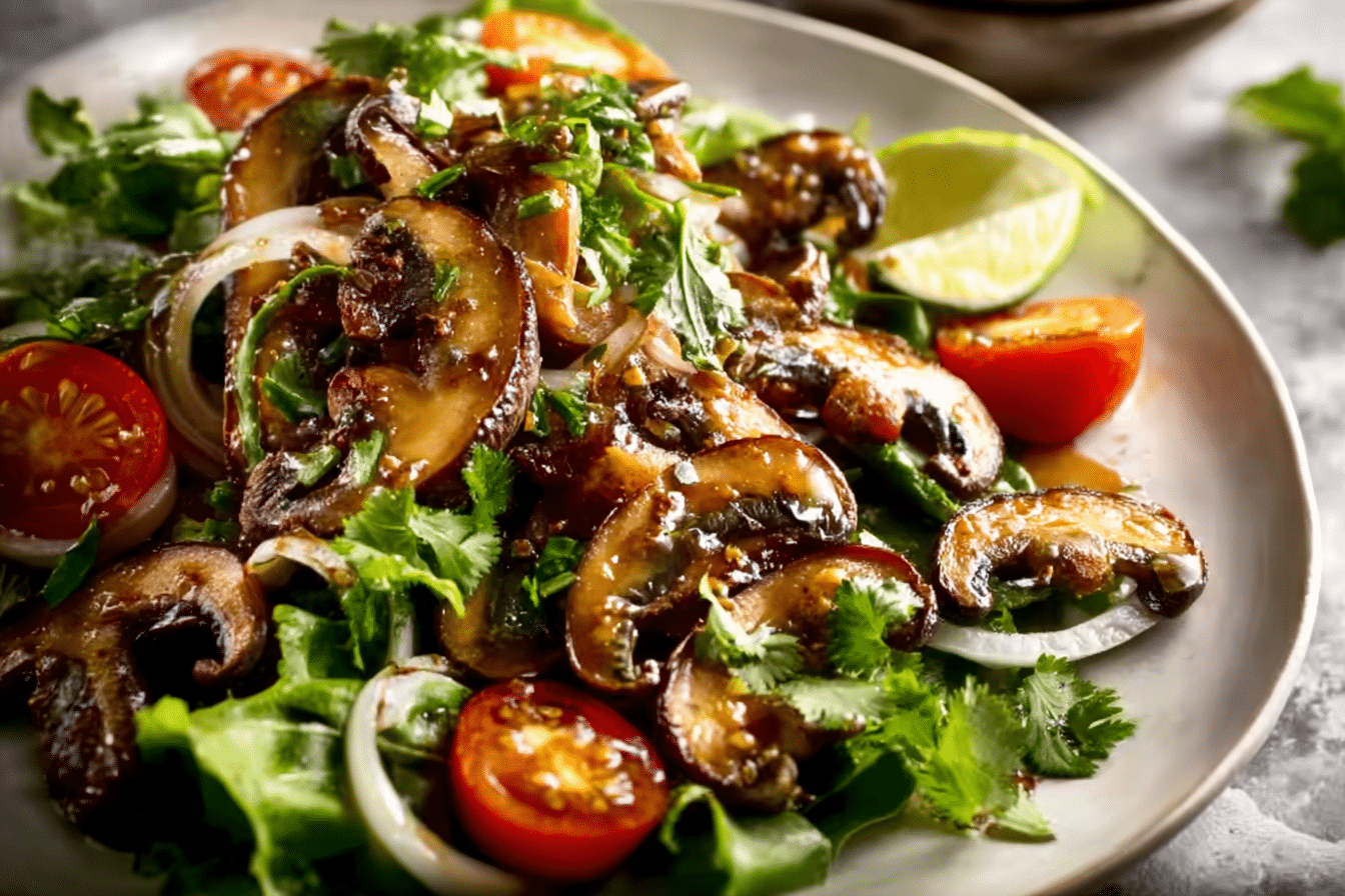 Authentic Thai Mushroom Salad served with herbs and lime