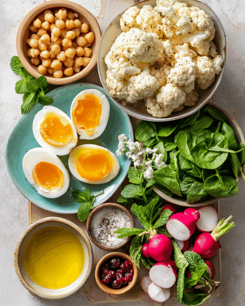 Ingredients for boiled egg salad laid out on a kitchen counter