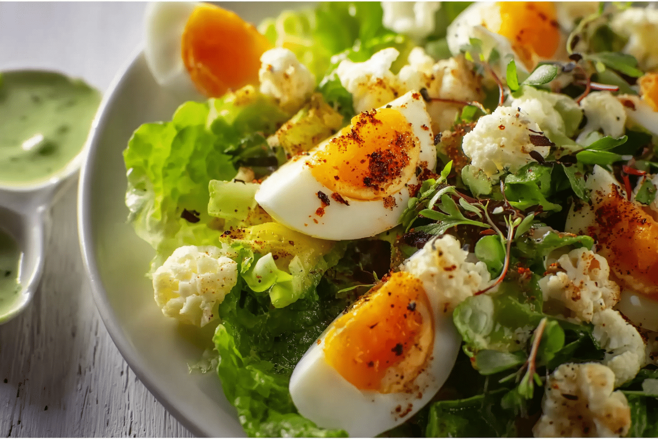 Boiled egg salad with roasted cauliflower and chickpeas
