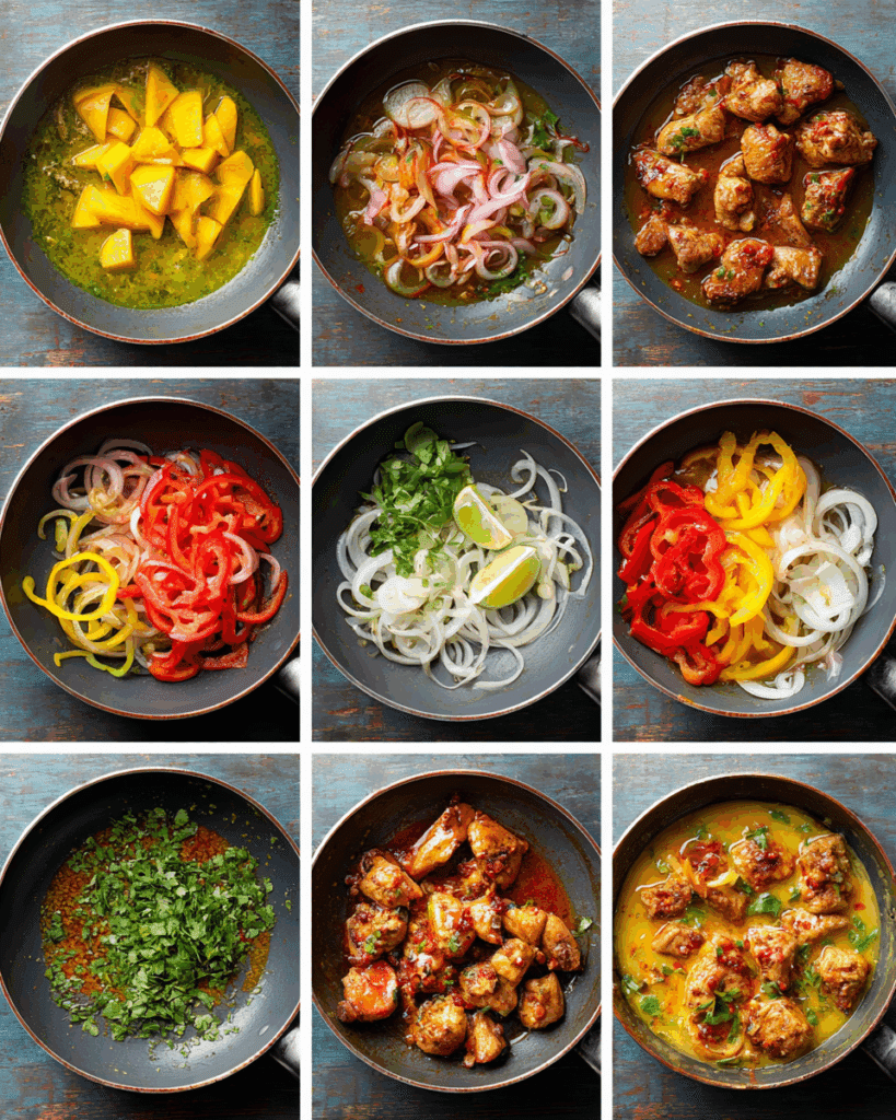 Chicken and curry paste simmering in coconut milk for Thai Mango Chicken Curry