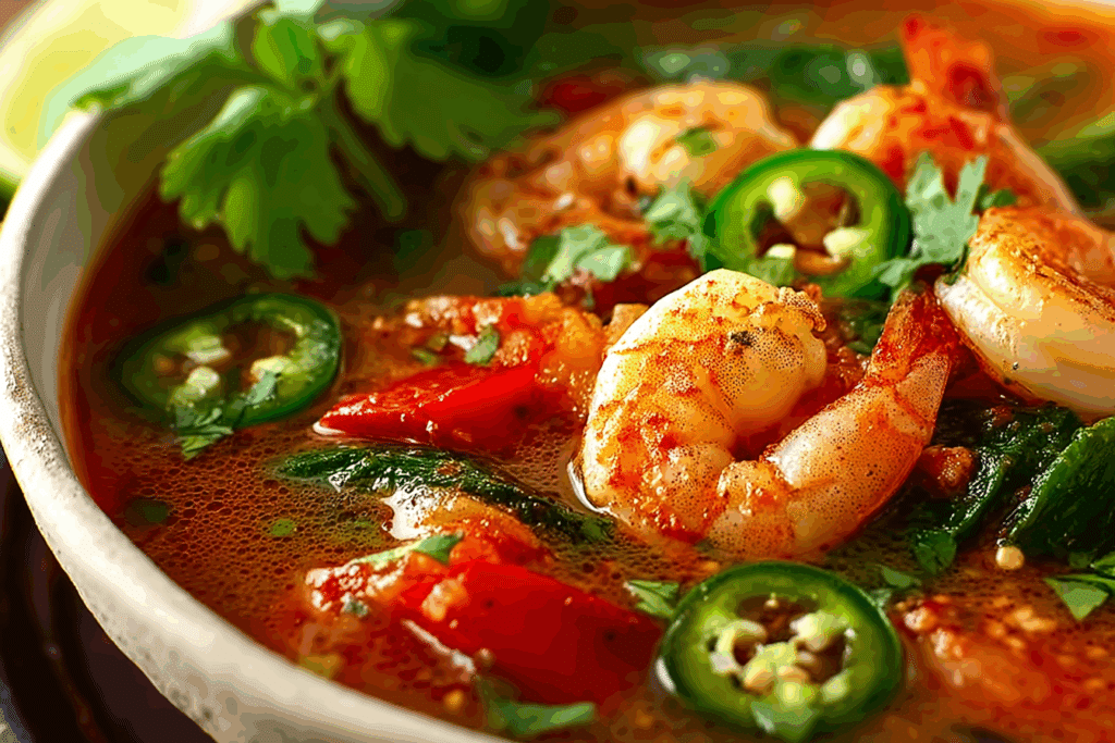 Spicy vegetable and shrimp soup served with lime and cilantro