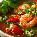 Spicy vegetable and shrimp soup served with lime and cilantro