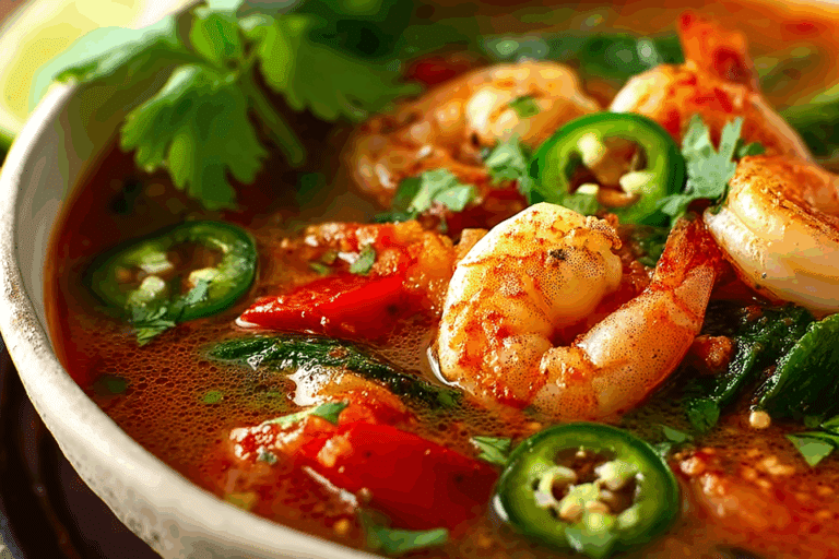 Spicy vegetable and shrimp soup served with lime and cilantro