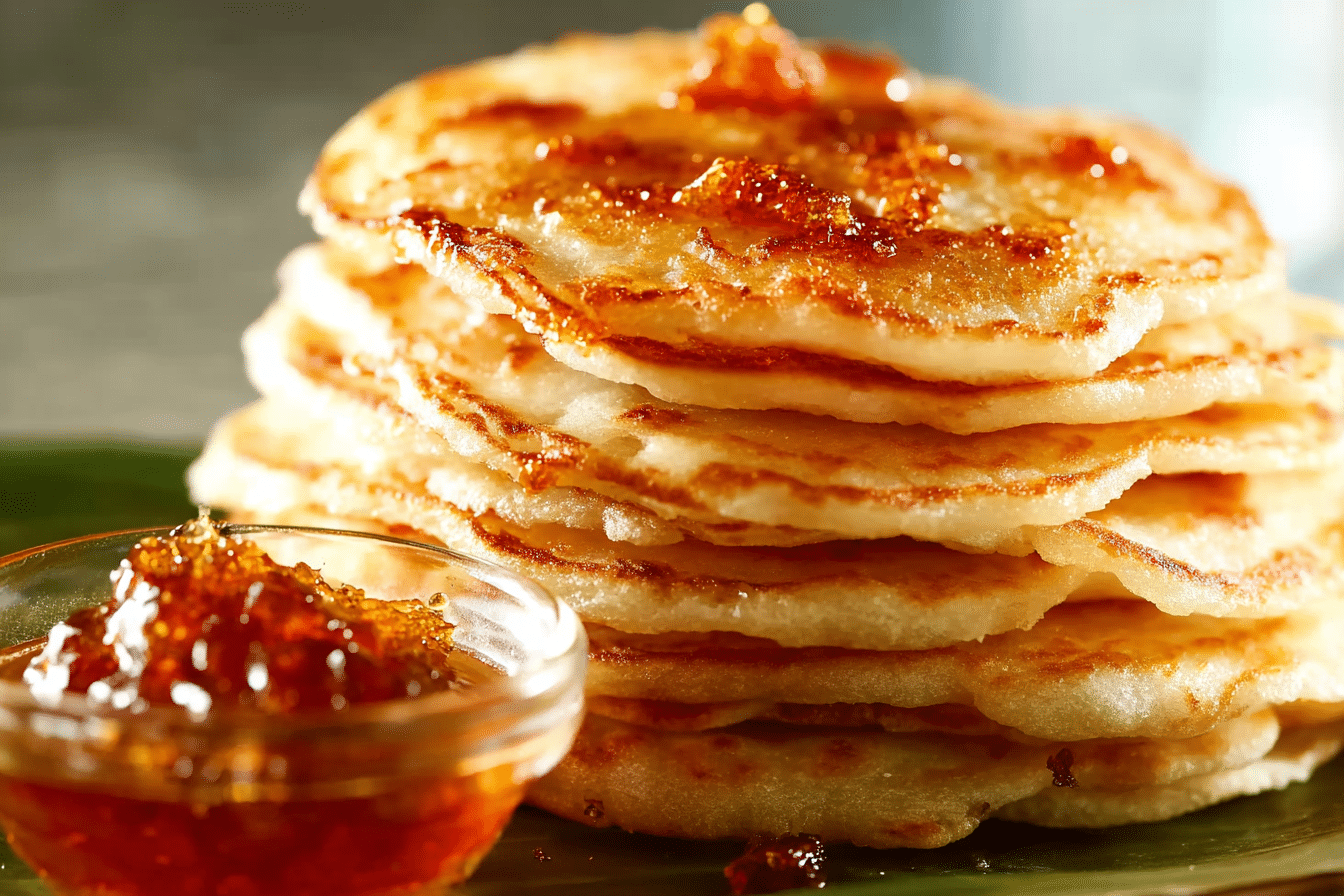 Fluffy Thai Rice Flour Pancakes with Palm Sugar stacked with syrup drizzle