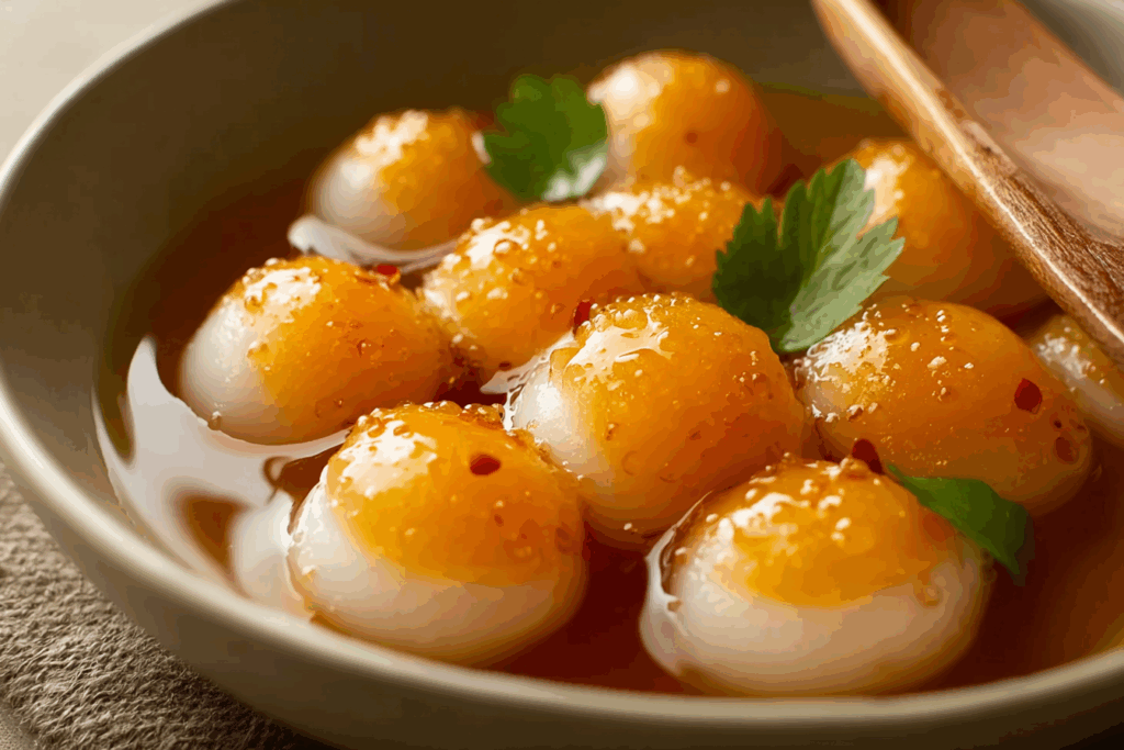 Thai Pumpkin and Rice Flour Dumplings in Syrup with coconut milk topping