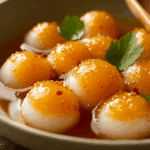 Thai Pumpkin and Rice Flour Dumplings in Syrup with coconut milk topping