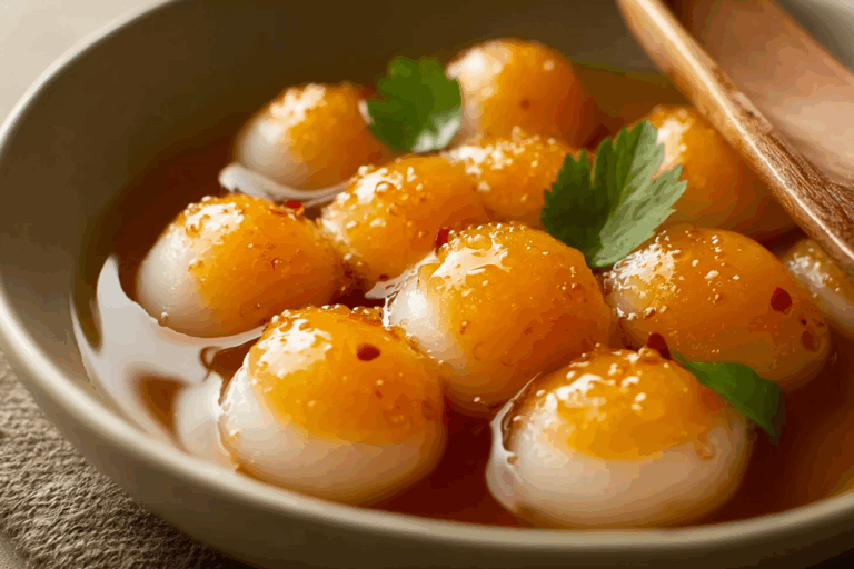 Thai Pumpkin and Rice Flour Dumplings in Syrup with coconut milk topping