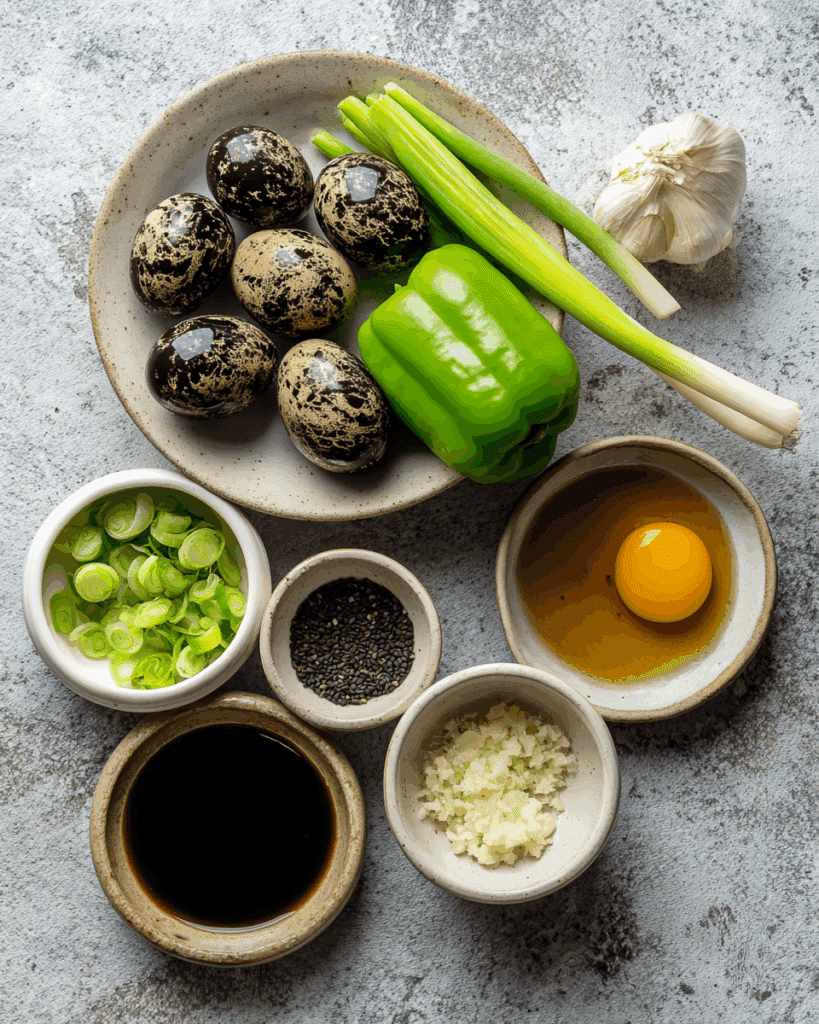 Ingredients for making preserved egg salad laid out on a table