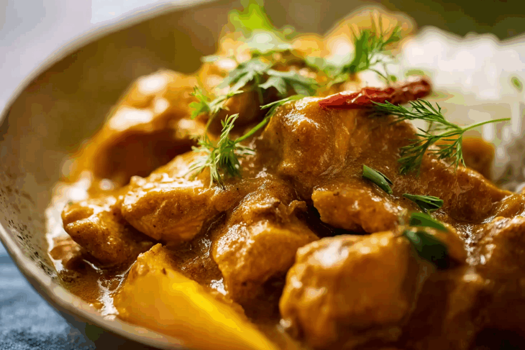 Thai Mango Chicken Curry served with jasmine rice and cilantro