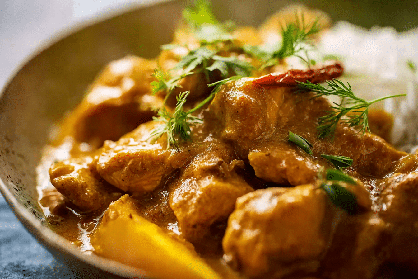 Thai Mango Chicken Curry served with jasmine rice and cilantro
