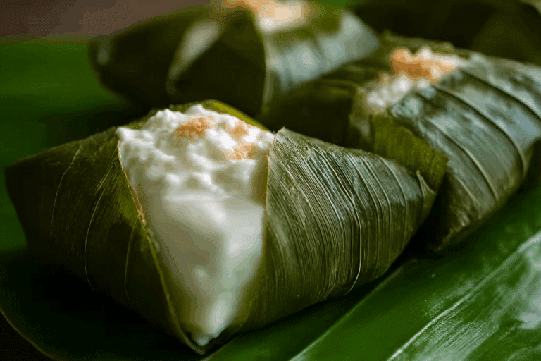 Coconut Cream Stuffed in Banana Leaves served on a wooden tray