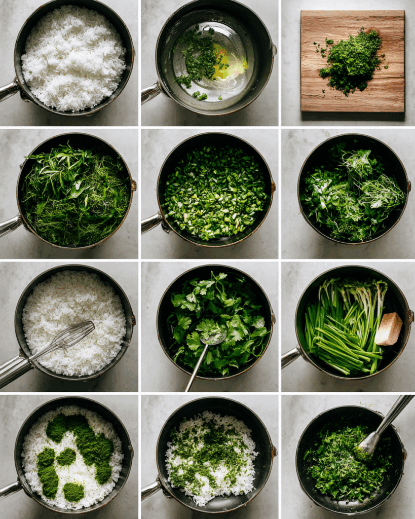 Fresh Herb Rice Salad being mixed with herb paste and pistachios