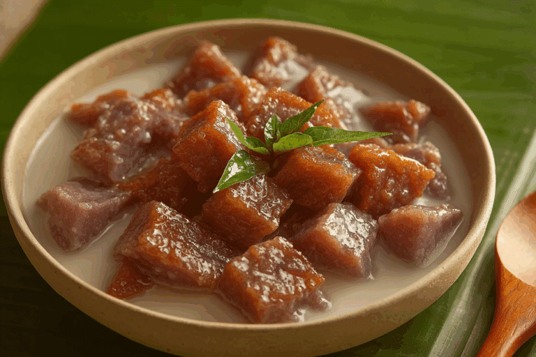 Thai Candied Taro in Coconut Milk served in a bowl with pandan leaves