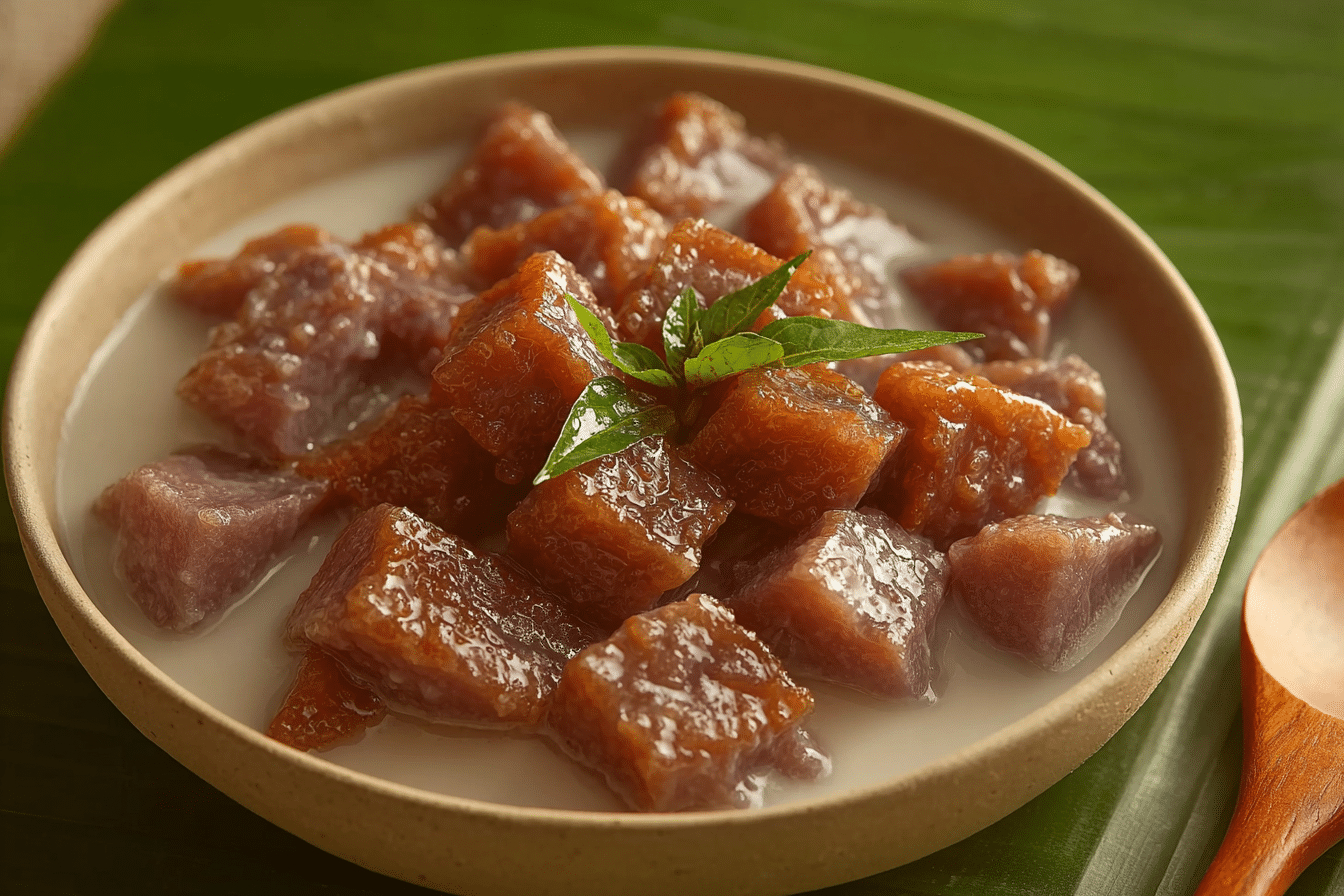 Thai Candied Taro in Coconut Milk served in a bowl with pandan leaves