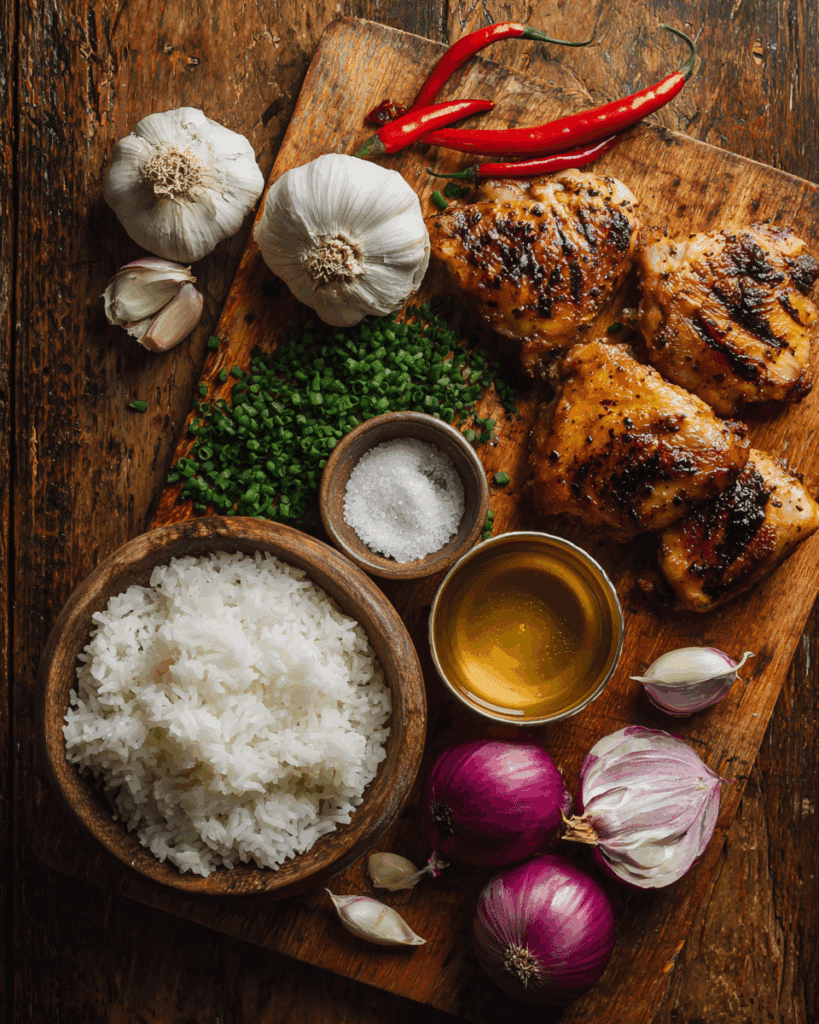 Ingredients for making Thai Sticky Rice with Grilled Chicken flat lay