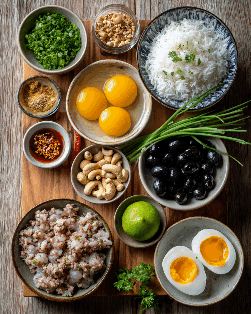 Ingredients for Thai Olive Fried Rice laid out for cooking