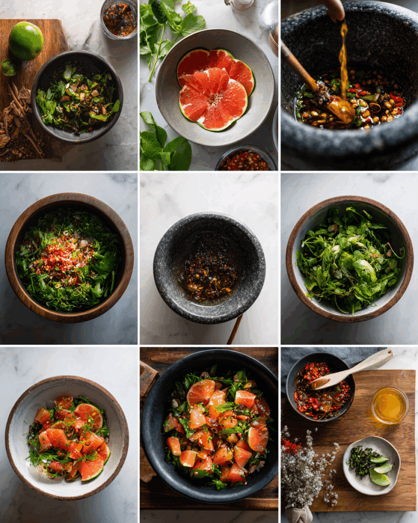 Dressing being poured over Pomelo Salad in a mixing bowl