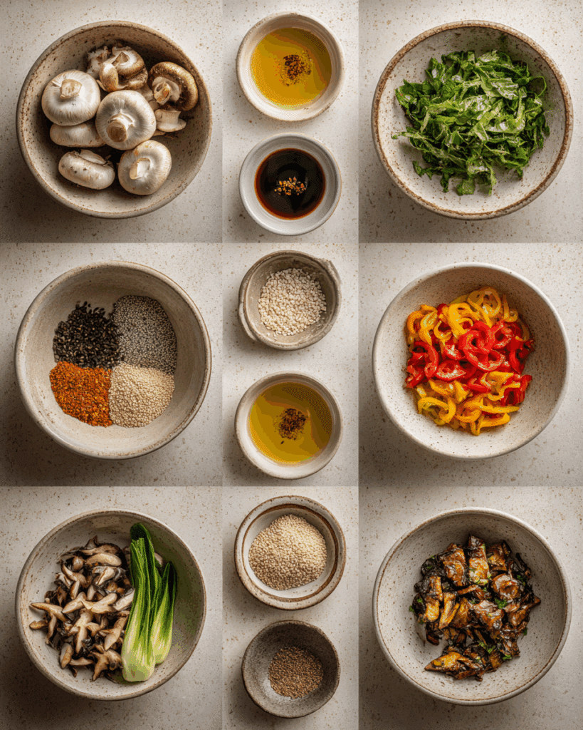 Three variations of mushroom salad with sesame dressing