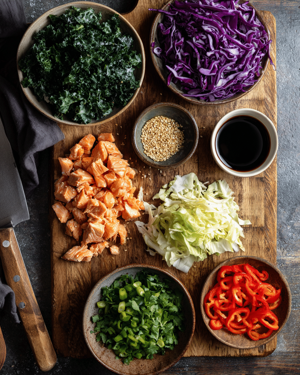 Ingredients for Thai Salmon Salad with Sesame Ginger Dressing displayed on a table.