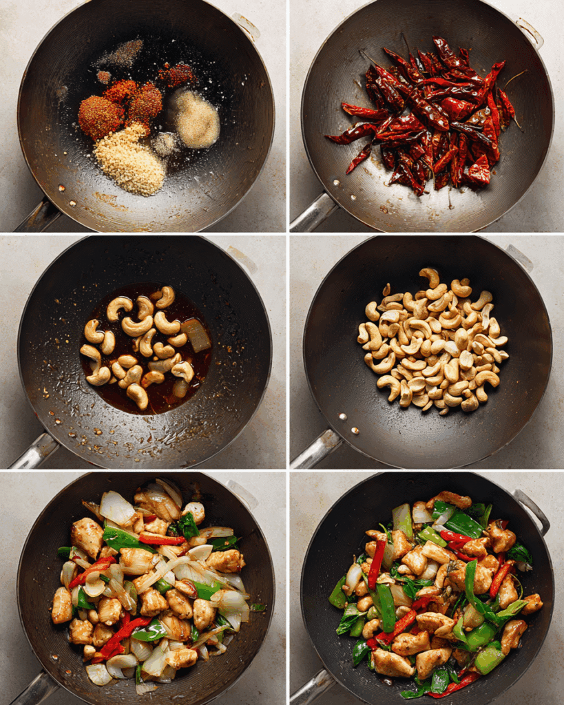 Stir-frying chicken and vegetables in a wok for Thai cashew chicken.