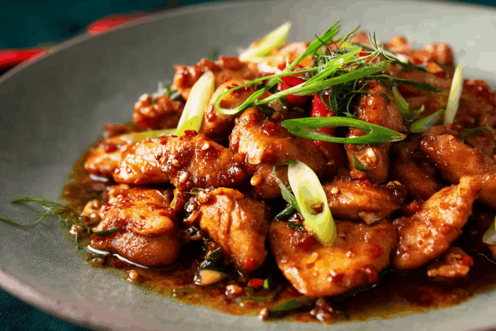 Easy Chili Garlic Chicken served with jasmine rice and herbs