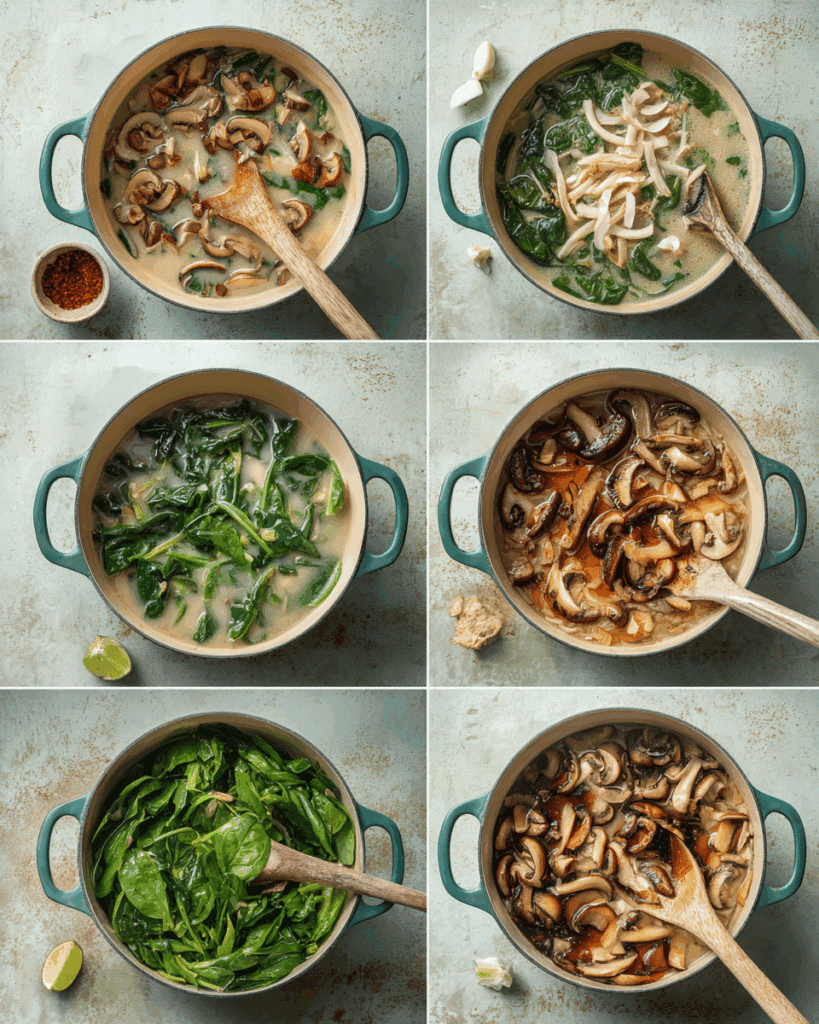 Mushrooms cooking in coconut broth for Thai Coconut Soup with Spinach and Mushrooms.