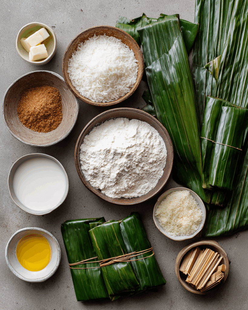 Ingredients for Coconut Cream Stuffed in Banana Leaves on a rustic table