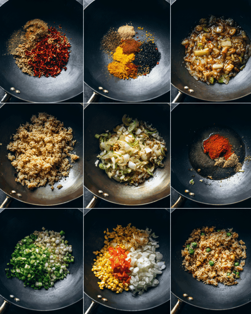 Cooking chilli garlic fried rice in a wok