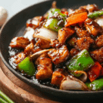 Delicious Chicken with Black Bean Sauce served with rice.