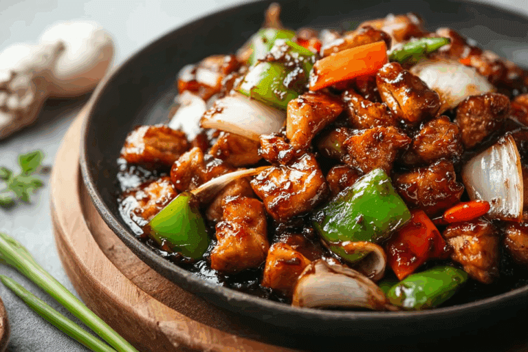 Delicious Chicken with Black Bean Sauce served with rice.