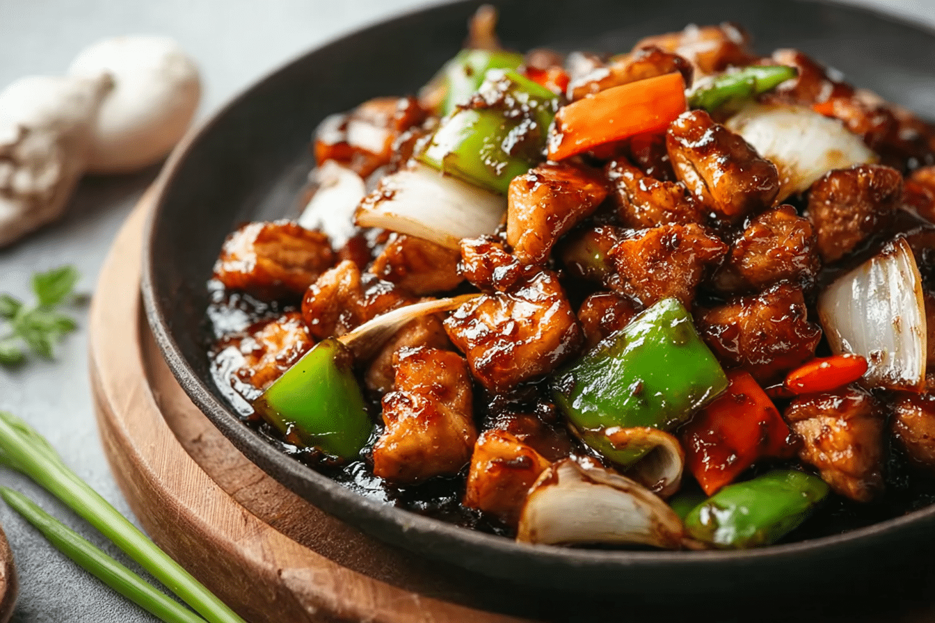 Delicious Chicken with Black Bean Sauce served with rice.