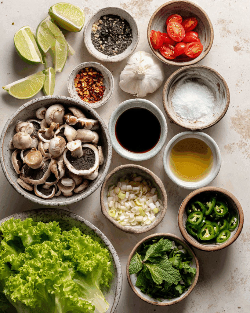 Fresh Thai Mushroom Salad ingredients laid out on a wooden table
