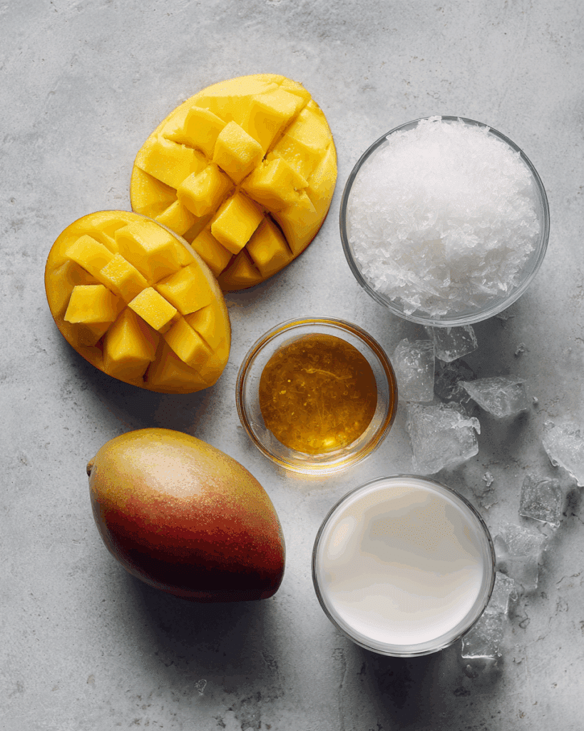 Thai Mango Shake Recipe ingredients flat lay