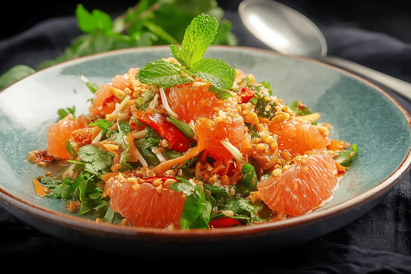 Authentic Thai Pomelo Salad served in a bowl with shrimp and herbs
