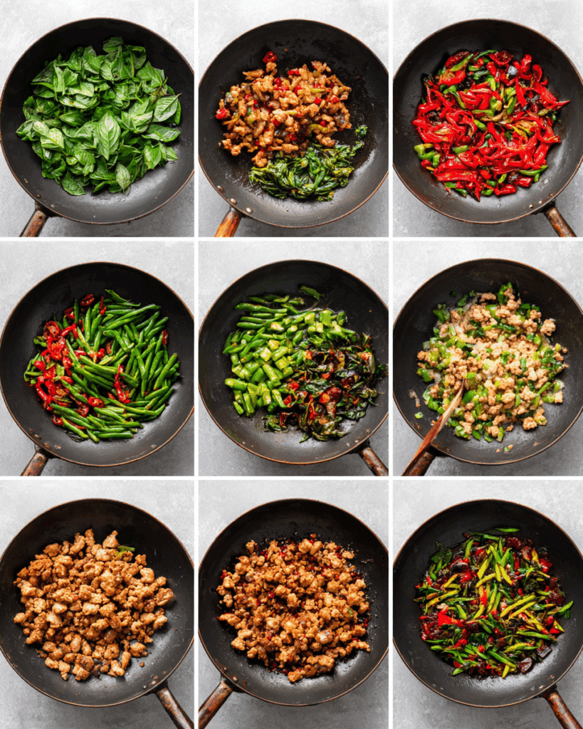 Cooking Thai Chicken with Holy Basil and Egg in a wok